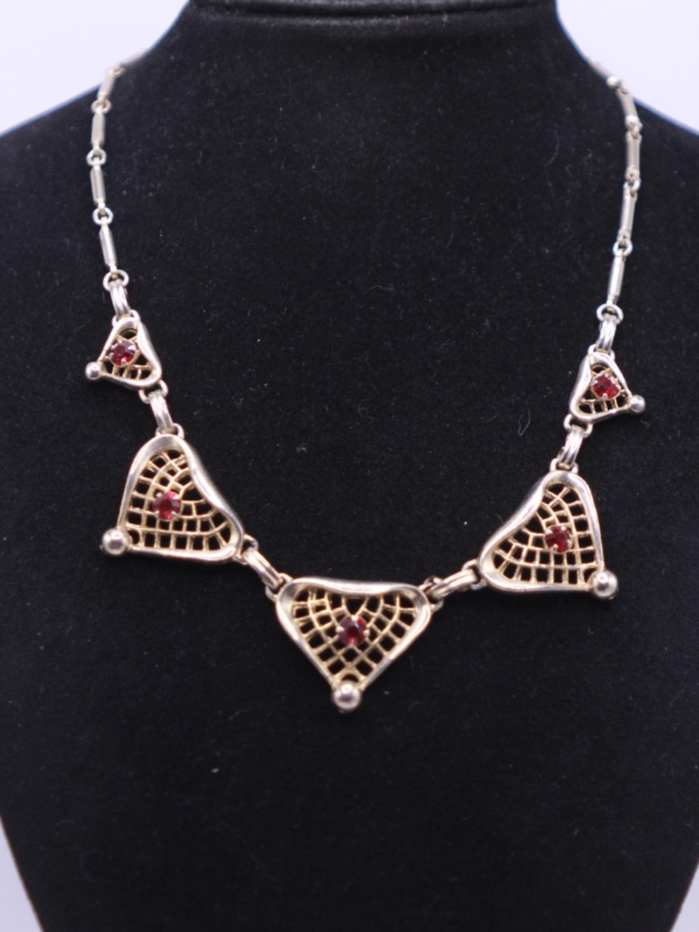Vintage 1940s-50s Gold-Tone Heart Lattice Necklace with Red Stone Accents